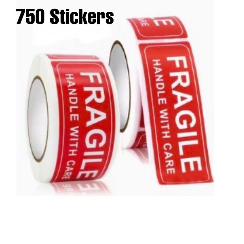 New 750 Pcs. FRAGILE HANDLE WITH CARE Red Stickers 5 Rolls with 150 each 3”x1”